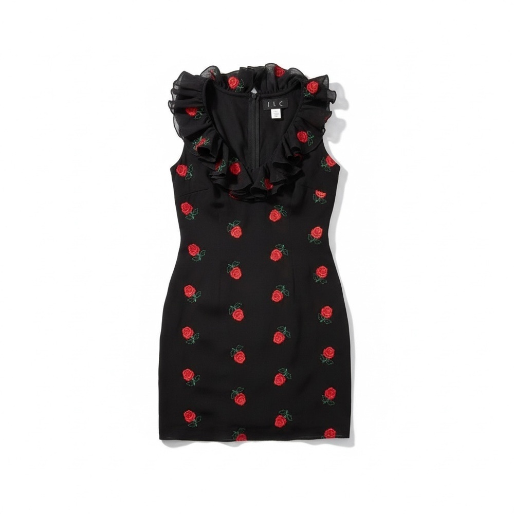 JSC Black mini Dress ruffled neckline with Red roses Floral Design size 8